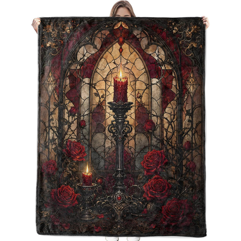 Plaid en flanelle à motif de roses en verre colorées, style gothique, 152 x 203 cm, 15.75" L x 16.54" W