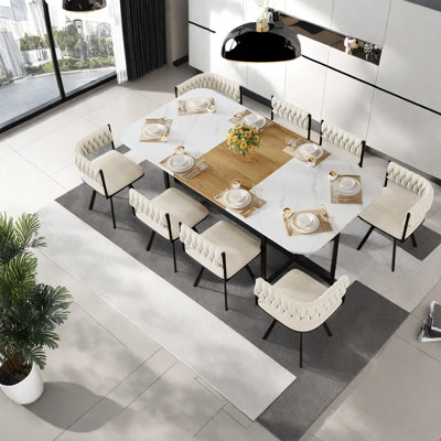Modern 9-piece Dining Table Sets With Marble Top & Velvet Chairs, Ideal For Family Kitchen
