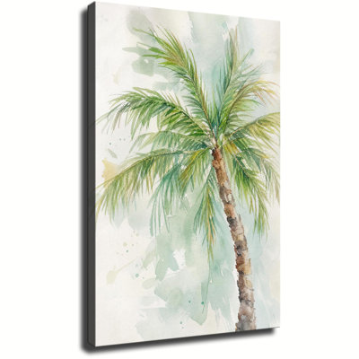 Impression sur toile, aquarelle, palmier tropical, menthe douce, éclaboussure de fond, décoration murale de chambre à coucher bord de mer minimaliste