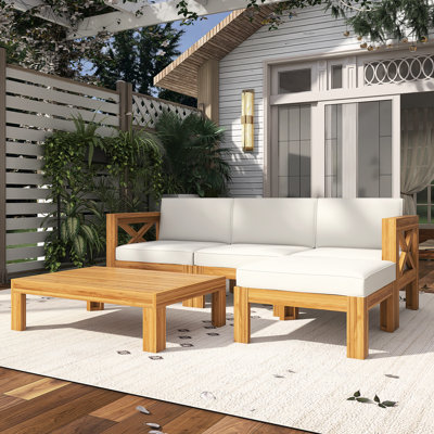 5-Piece Outdoor Wood Patio Sectional Sofa Set With Cushions And Coffee Table