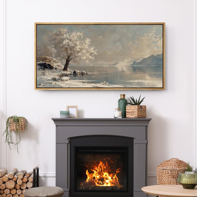 «Rustic Countryside Snow-Tree-Covered River And River Mountain Modern Winter Landscape», reproduction d'art sur toile