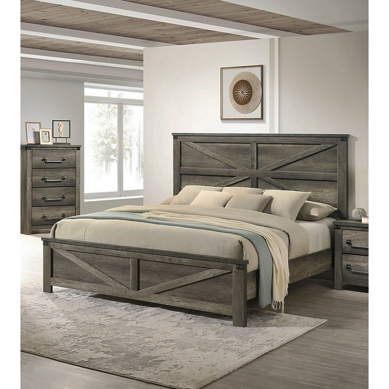 Rustic Gray 3Pc Set Eastern King Size Bed 2X Nightstands Unique Design Headboard Bedroom Furniture Metal Accents