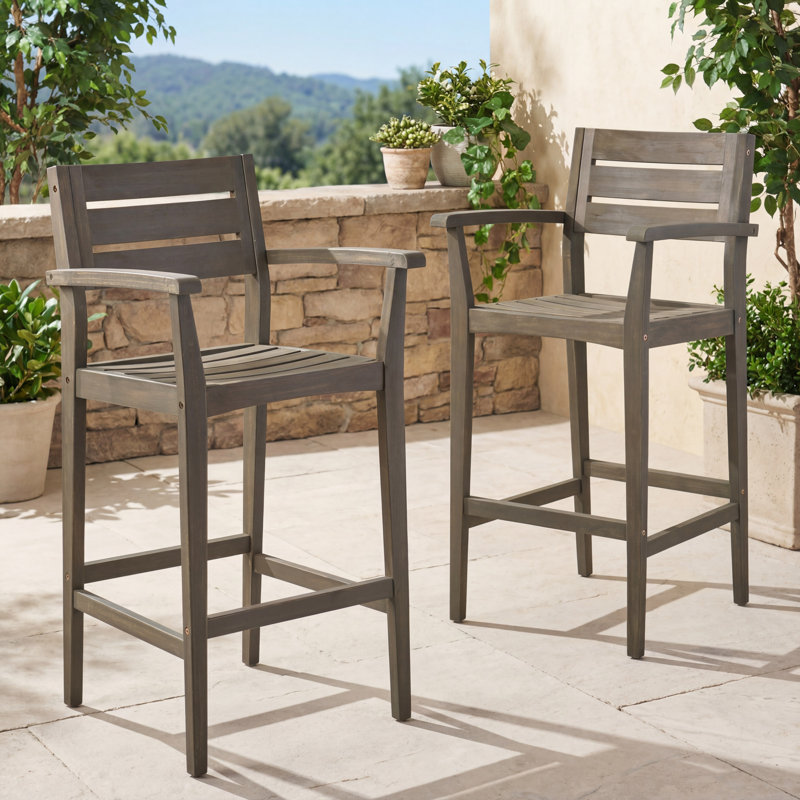 Outdoor Barstool with Slatted Back and Armrests
