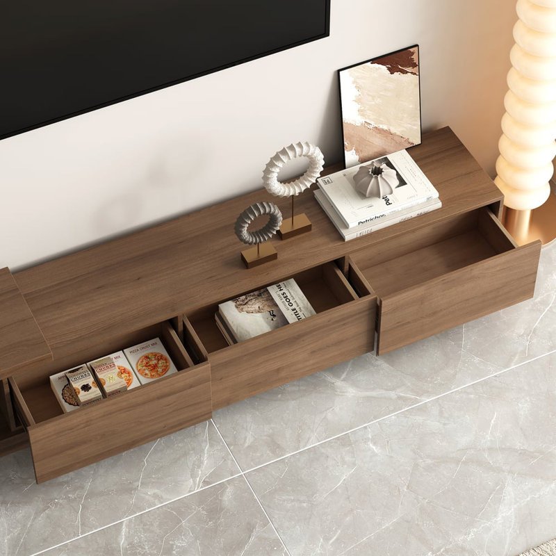Lilesville 100.4'' W Modern TV Stand Retracted & Extendable 3-Drawer Media Console Walnut, Brown