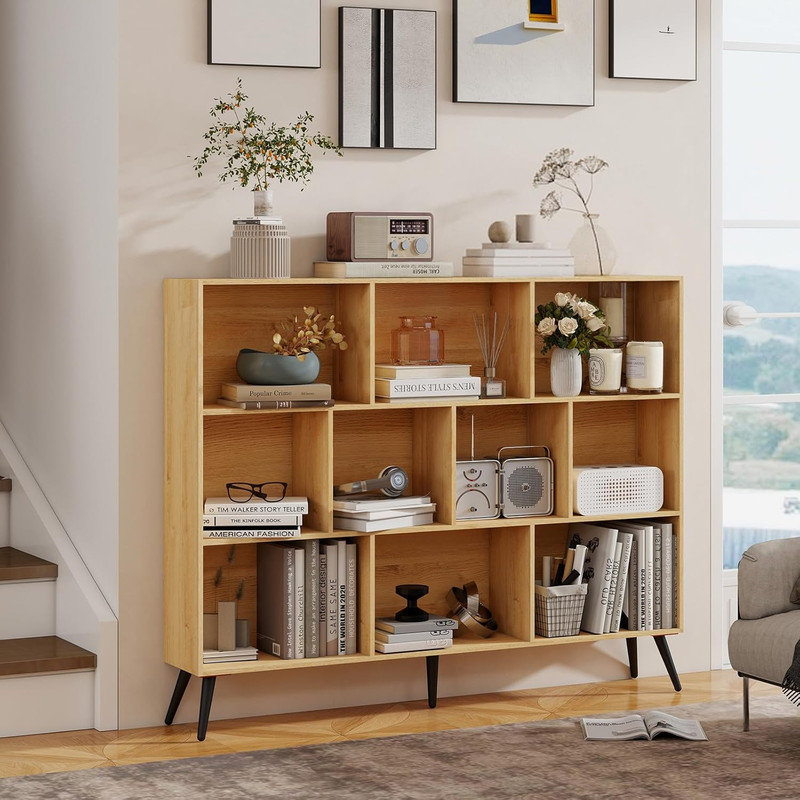 Bibliothèque en bois à 3 niveaux à 10 cubes avec 5 pieds en fer, rangement autoportant pour le salon, le bureau, la chambre à coucher