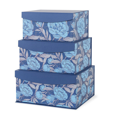 Decorative Storage Boxes With Magnetic Closure, Set Of 3 Memory Keepsake Boxes With Lids, Cardboard Storage For Gifts, Organizing, And Home Décor, Manor Blue