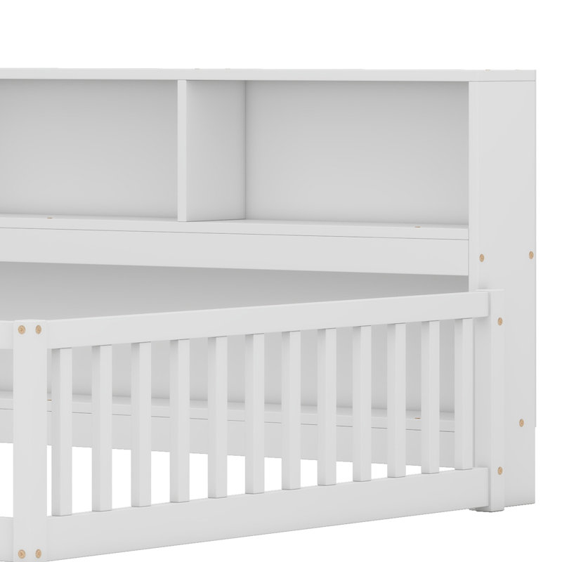 Floor Bed With Side Bookcase,Shelves,Guardrails, White