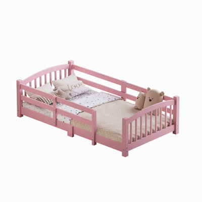 Twin Montessori Floor Bed with Slats and Safety Guardrails, Solid Wood Floor Bed with Fence and Without Door, Easy Assemble Montessori Bed, Pink