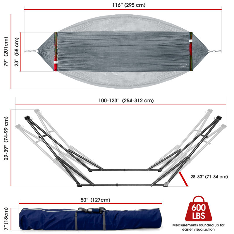 Tranquillo Adjustable Hammock Stand 600 lbs Capacity, Double Hammock with Stand for 2 Persons, Quick & Easy Assembly Garden Yard Patio Lawn, Grey