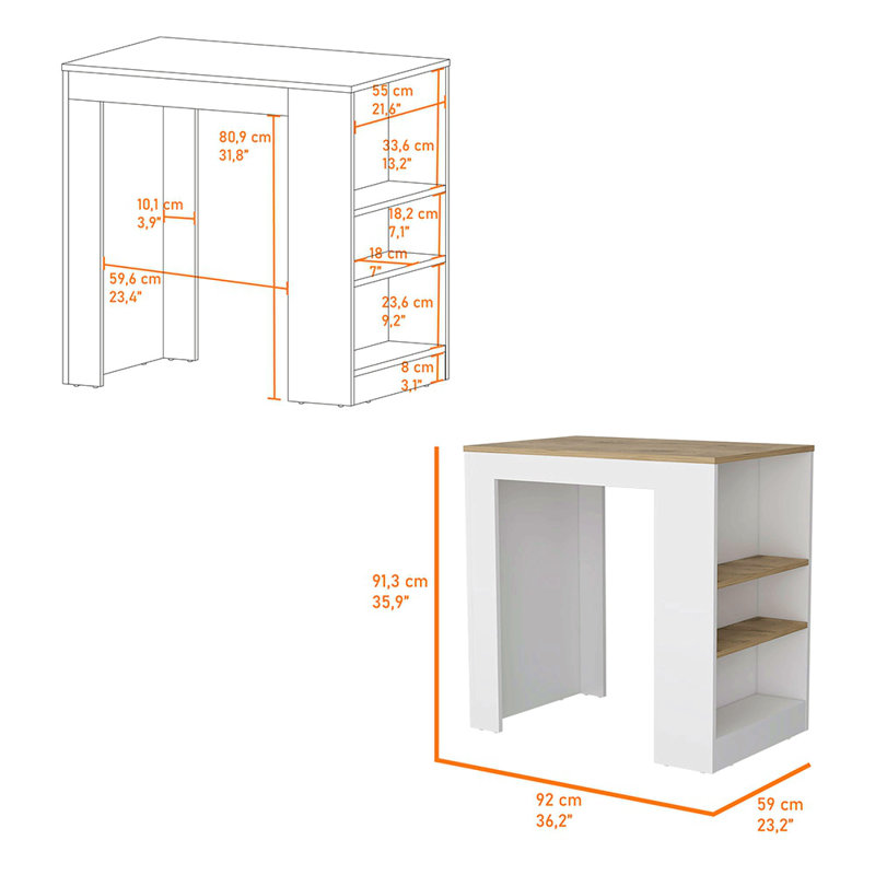 Îlot de cuisine, plateau de table à hauteur de comptoir avec tablette à 3 côtés