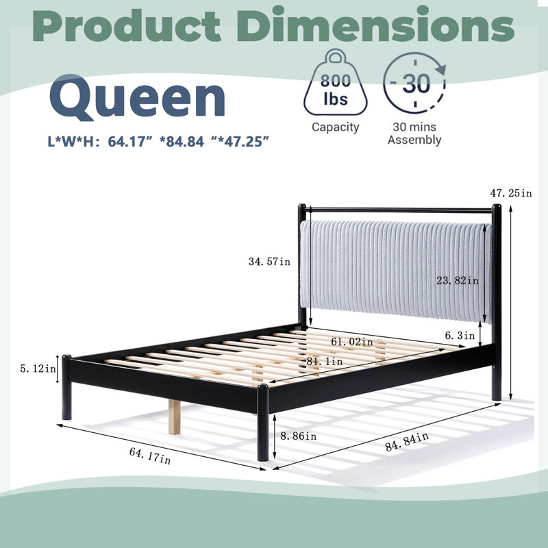 Lit plateforme avec tête de lit tapissier en tissu gris clair et structure en bois d'hévéa, Grand lit