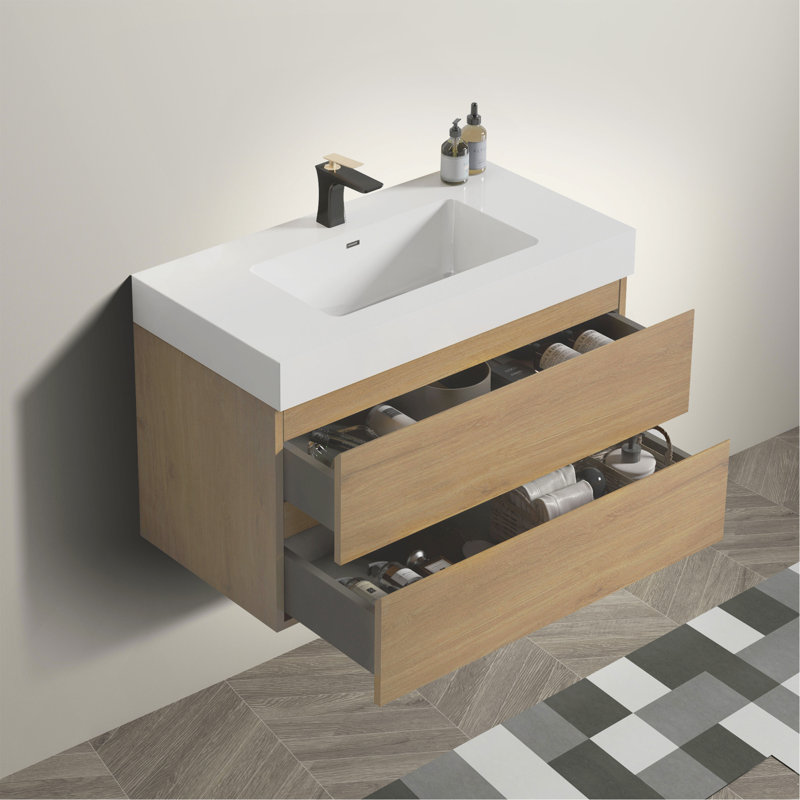 Meuble-lavabo mural de 36 po avec lavabo noir Alice, Chêne naturel, 36''