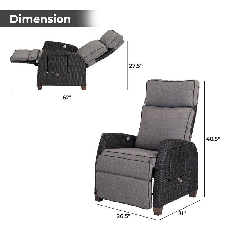 Moore Wicker Recliner Patio Chair with Cushions, Gray, Dark Brown