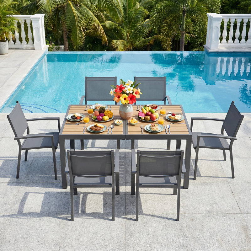 7-Piece Outdoor Dining Set, 6-Person Outdoor Table and Chairs with Rectangular HDPS Top & Weather-Resistant Metal Frame, All-Weather Patio Dining Set for Backyard, Deck, Garden