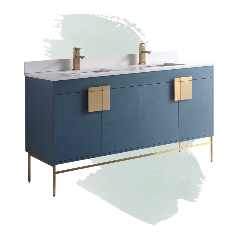 Tortola 60'' Double Bathroom Vanity with Sintered Stone Top, Satin Brass, French Blue
