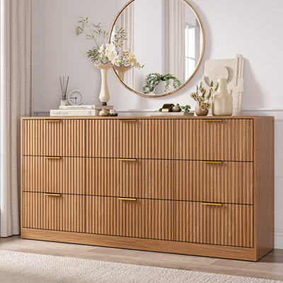 Fluted Dresser For Bedroom With 9 Drawers, 63" Wide Modern Chest Of Drawers With Metal Handle