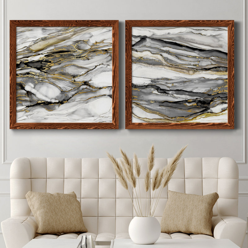 Marbré or I - ensemble de 2 peintures sur toile encadrées, H 27,5 po x l 55 po x P 1,5 po, Érable encadré