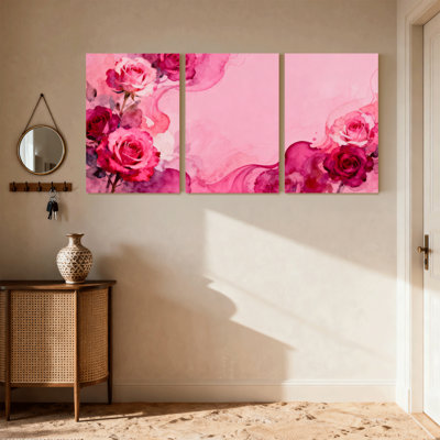 Plantes et fleurs roses roses, ensemble de 3 reproductions d'art sur toile