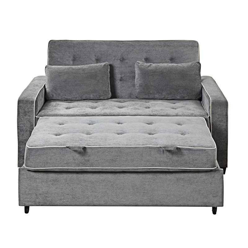 Upholstered Pull Out Sofa Bed With Throw Pillows, USB Charging Port And Adjustable Backrest, Charcoal Gray