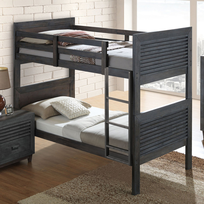 Lit simple superposé au dessus d'un lit superposé transitionnel en bois massif brun anthracite, réversible, conception à lattes, tête de lit à panneau, joint, amélioration de chambre à coucher avec finition brune, tête de lit et solution convertible