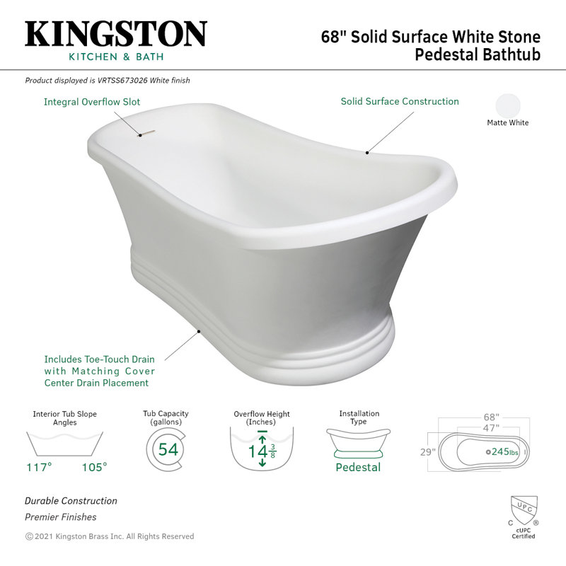 Baignoire à piédestal ovale 68 po Kingston, Blanc