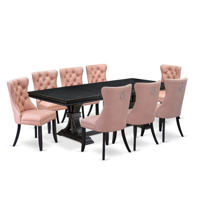 9 Pieces Dining Table Set Includes a Rectangle Table and 8 Beige Red Polyester Fabric Dining Chairs, Sand Blasting Black