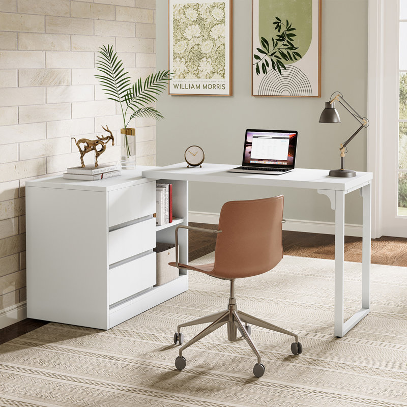 Reversible L Shaped Computer Desk With Drawer Cabinet, White