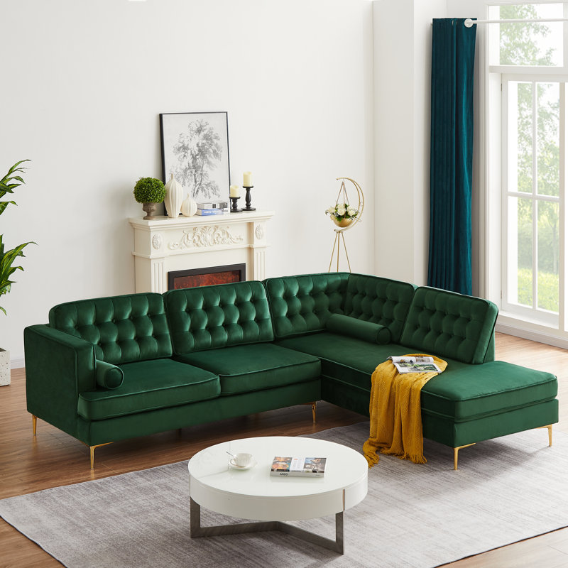 Camiesha Upholstered L-Shaped Sectional, Right Hand Facing, Velvet, Dark Green