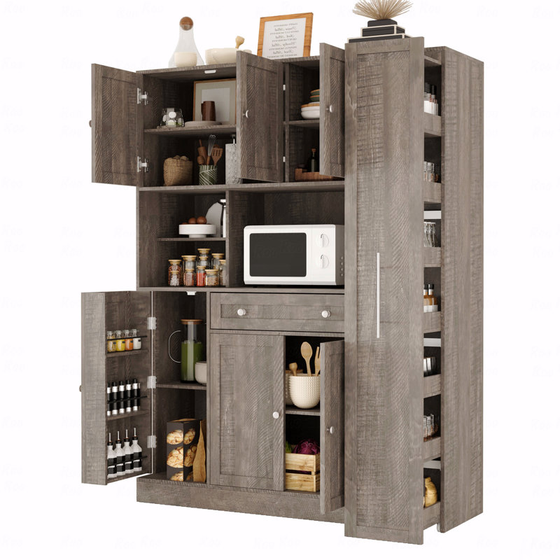 Buffet traditionnel autoportant avec huche, grande armoire de rangement pour garde-manger avec armoire latérale coulissante, tablettes de porte et tiroir