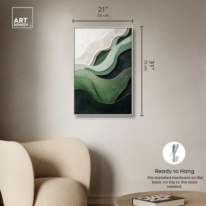 «Green Echoes I», art abstrait vert, Cadre argenté, H 31 po x l 21 po