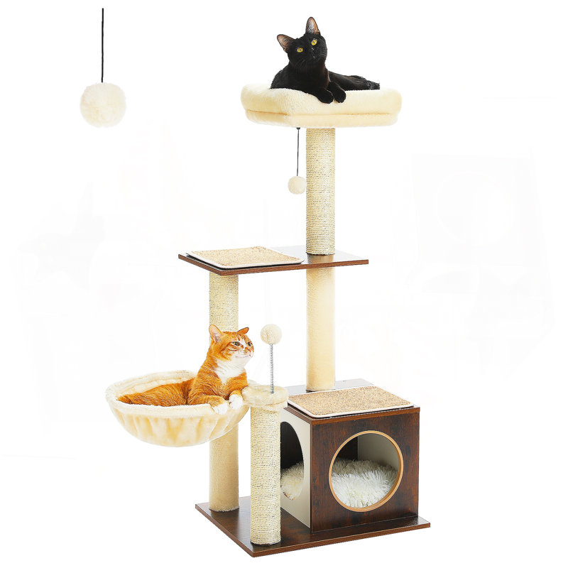 Arbre à chat moderne pour chats d'intérieur, tour de chat à plusieurs niveaux avec maisonnette pour chat, poteau à griffes, hamac douillet et pompon moelleux