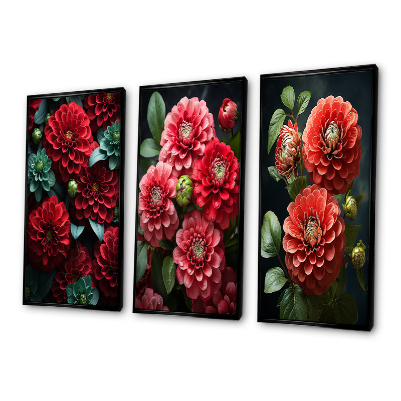 Red Zinnias Blooms I - ensemble de 3 décorations murales fleurs rouges, H 40 po x l 60 po, Cadre flottant noir