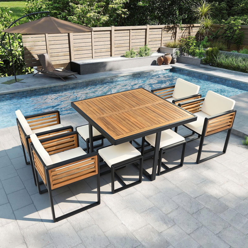 9-Piece Acacia Wood Patio Set with Cushions – Space-Saving Outdoor Dining for 4, Beige