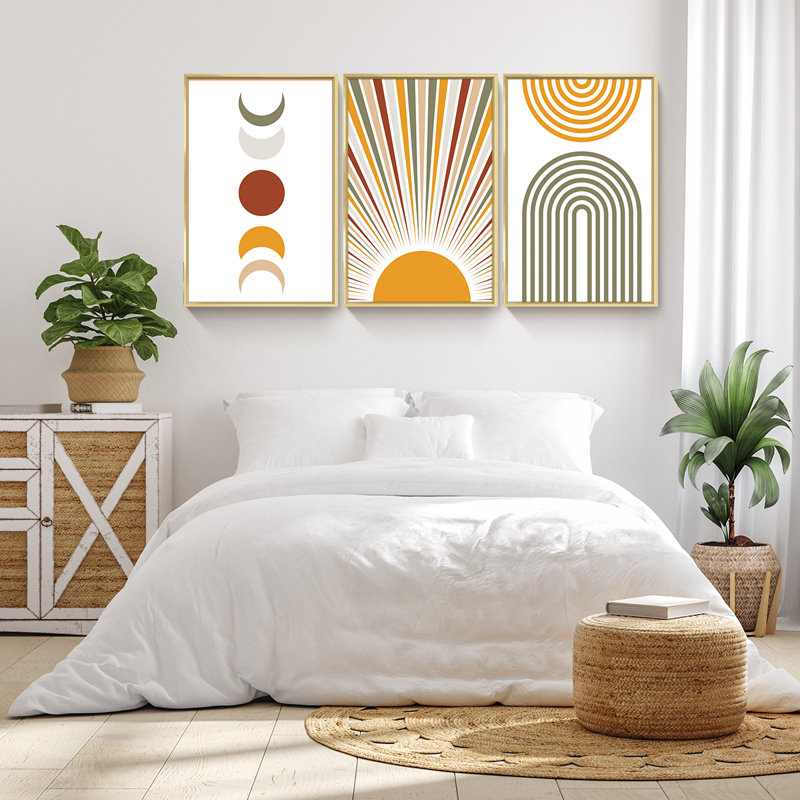 "Boho Style Aluminium", ensemble de 3 reproductions d'art encadrées sur toile, Doré, H 16,3 po x l 36,3 po x P 1,65 po
