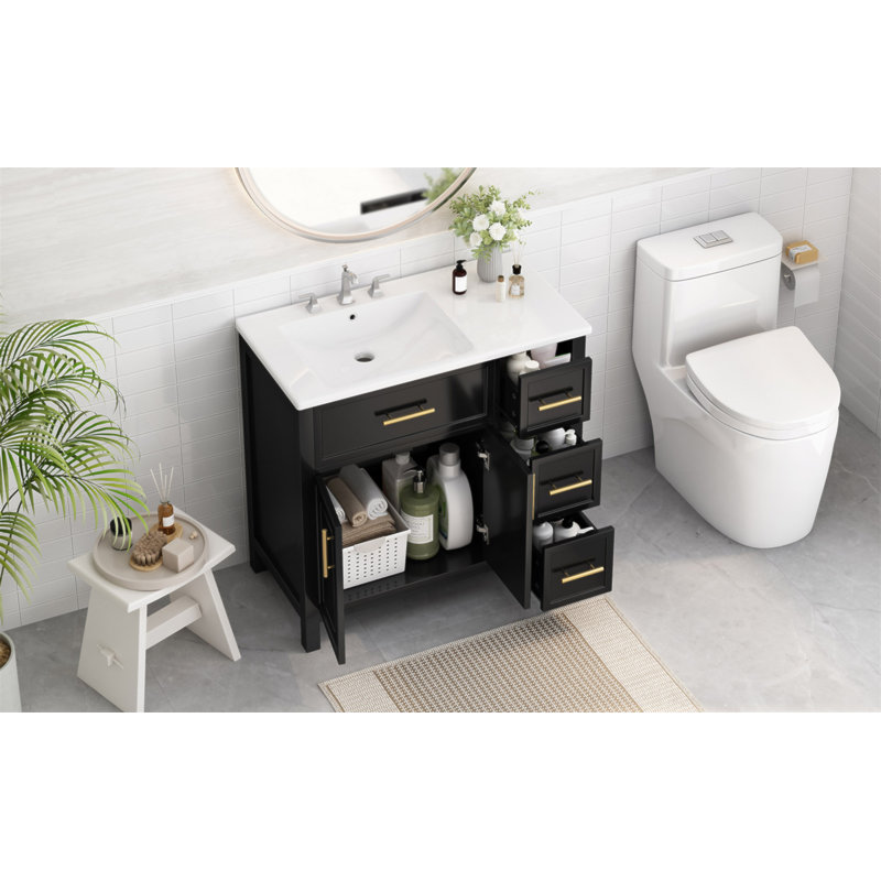 Meuble-lavabo de 36 po en bois massif avec lavabo, deux portes, trois tiroirs et panneau de fibres à densité moyenne durable pour un rangement efficace
