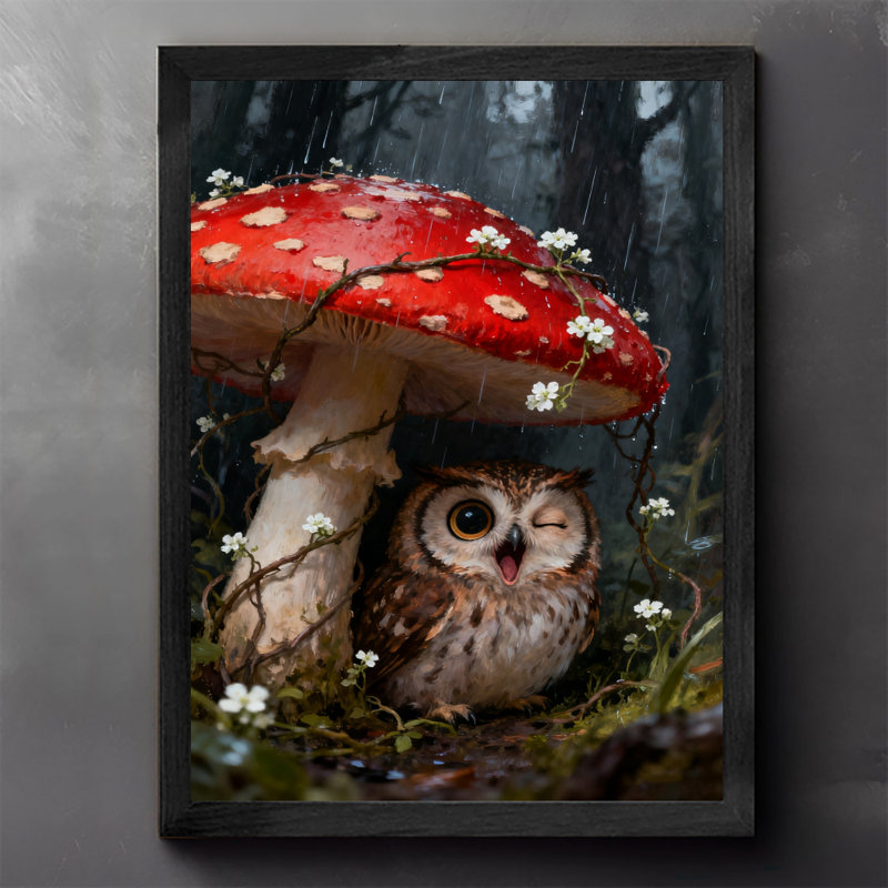 Art encadré noir Un hibou mignon se cachant sous la pluie sous des champignons rouges, impressions sur toile de style rétro