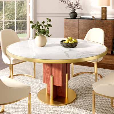  59" Sintered Stone Round Dining Table For 8-10, Solid Wood Pedestal & Heavy Carbon Steel Support, Pre-Assembly