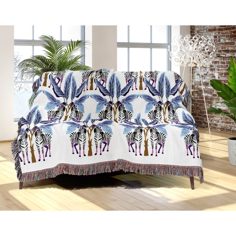 Jeté en mélange de coton Xavier Zebra, Noir / bleu / banc cassé, L 70 po x l 50 po