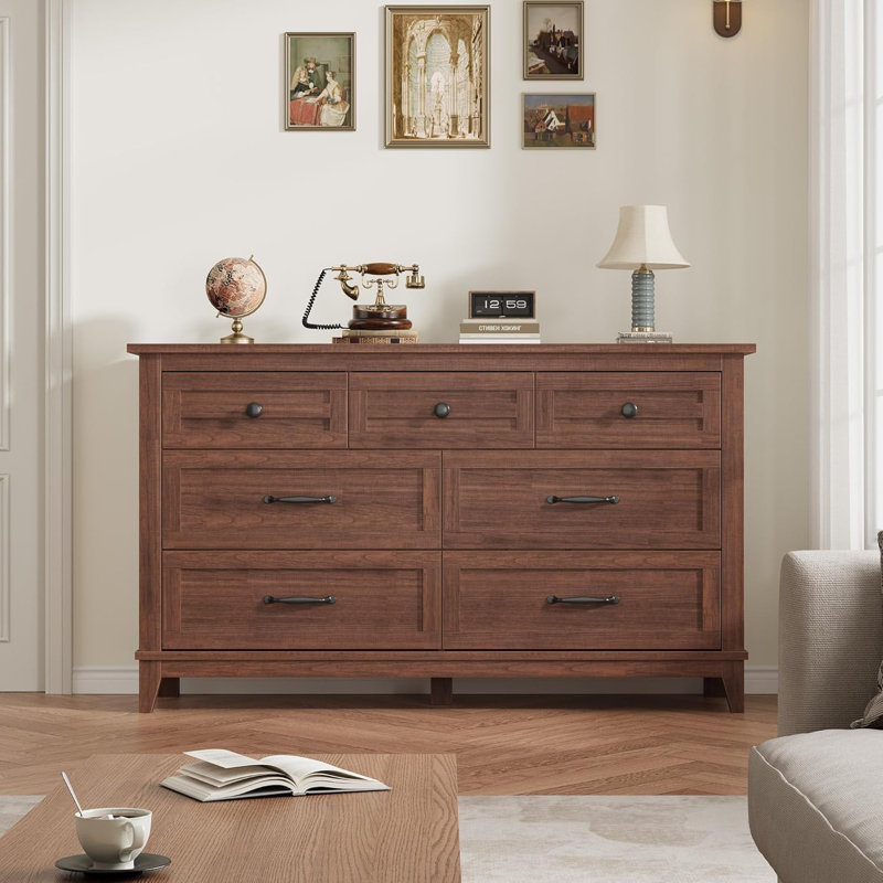 7 commodes pour la chambre à coucher, commode à tiroirs larges de 54 po avec rangement, commode en bois pour le salon, la chambre à coucher, le vestibule, noyer (2 colis)