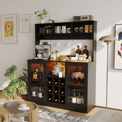 Armoire à vin avec éclairage à DEL, buffet de cuisine avec rangement, 6 crochets, 9 supports pour clin d'œil et tablette réglable