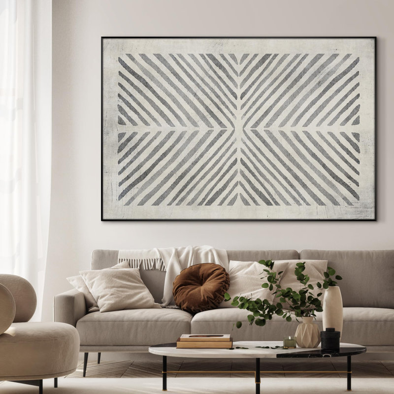 Motif géométrique moderne avec motif de lignes noires et blanches, très grand encadré (assemblage requis), H 46 po x l 72 po