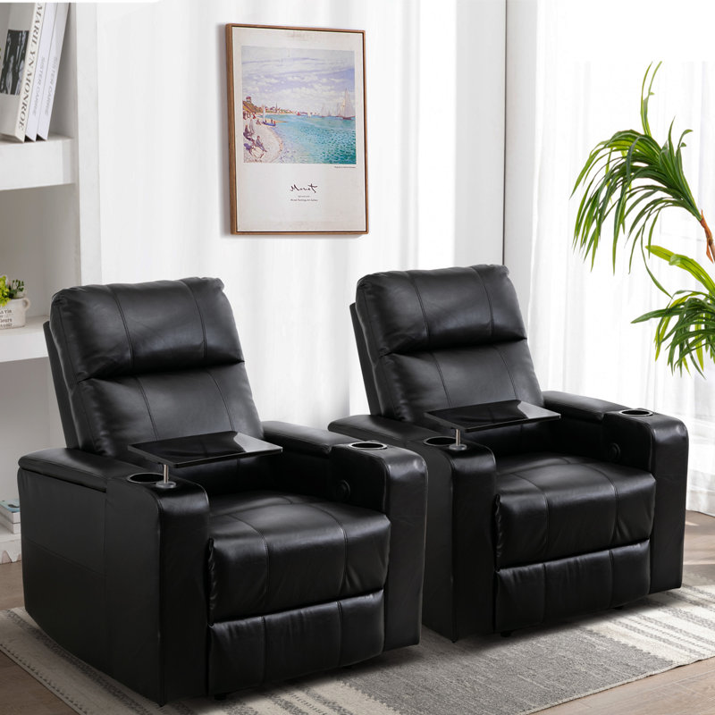 Ryat 33.1'' Wide Modern Faux Leather Power Recliner with Arm Table and Cupholders (Set of 2), Black