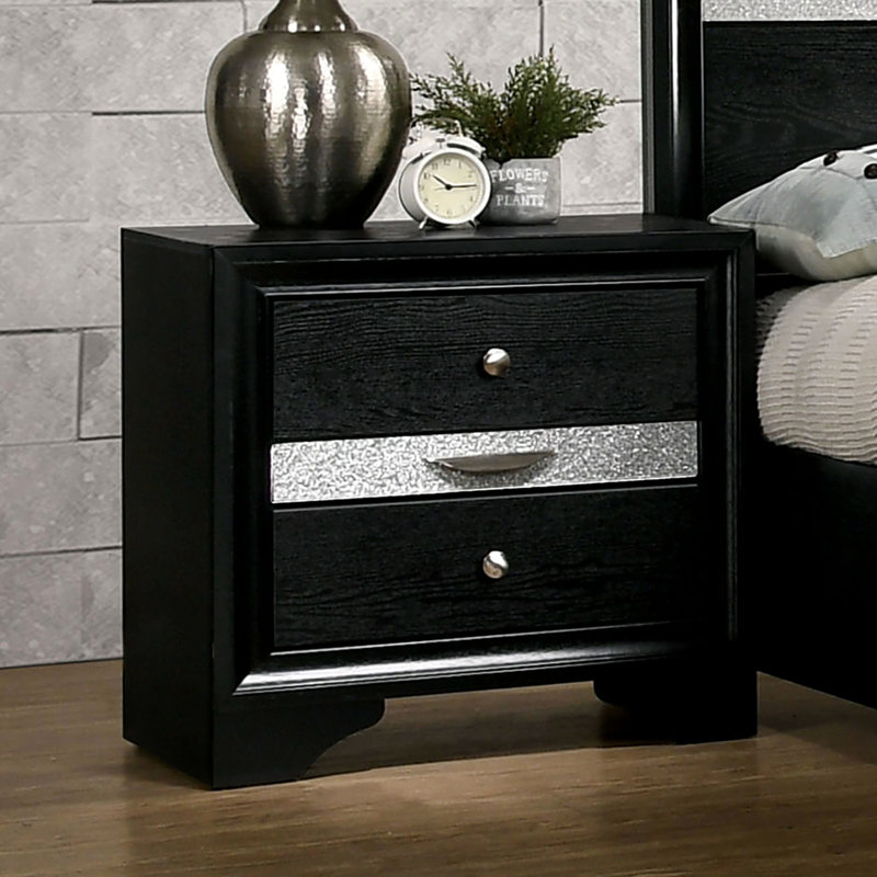 Table de chevet noire avec rangement - style contemporain, bois massif, détails modernes argentés, 2 armoires