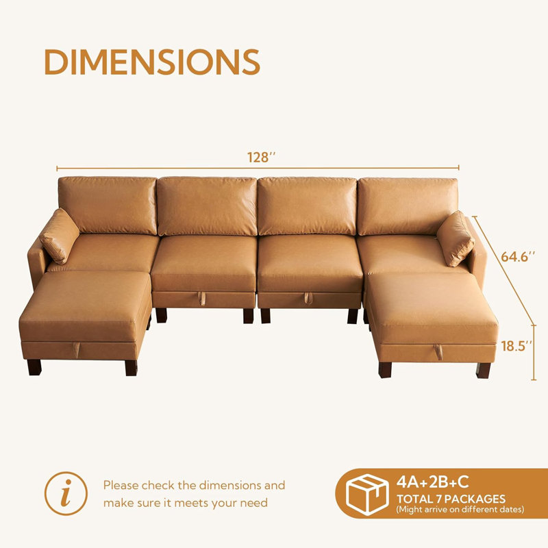 Canapé modulaire en U de 128 po à 6 places avec chaises et canapé modulaire en U avec pieds carrés en bois pour maison, salon, salle de réception, appartement, brun clair