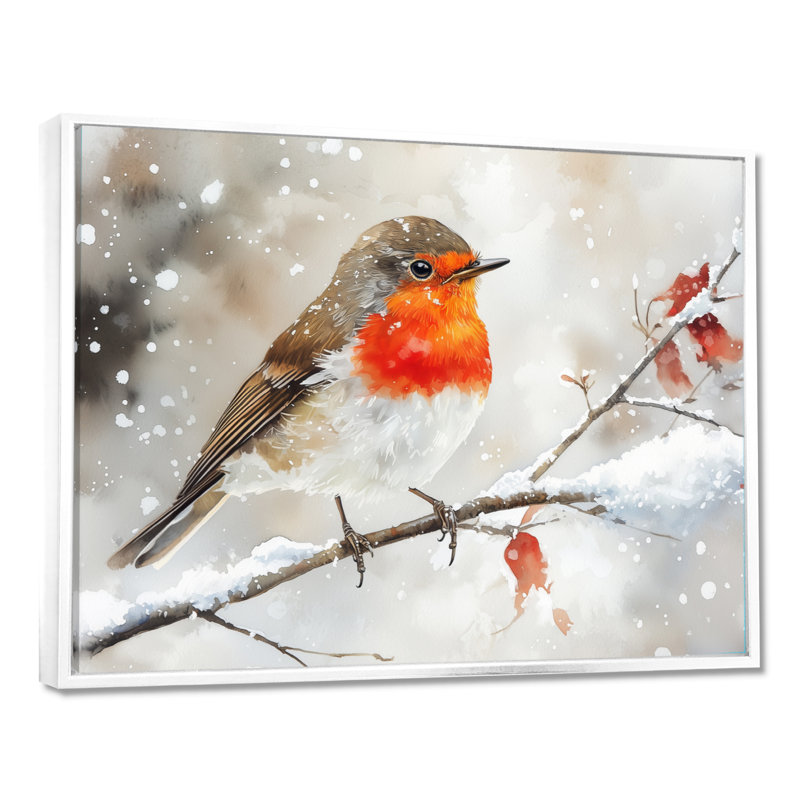 Hiver, oiseau rouge dans la forêt II - oiseau, art mural, H 30 po x l 40 po, Cadre flottant, Blanc