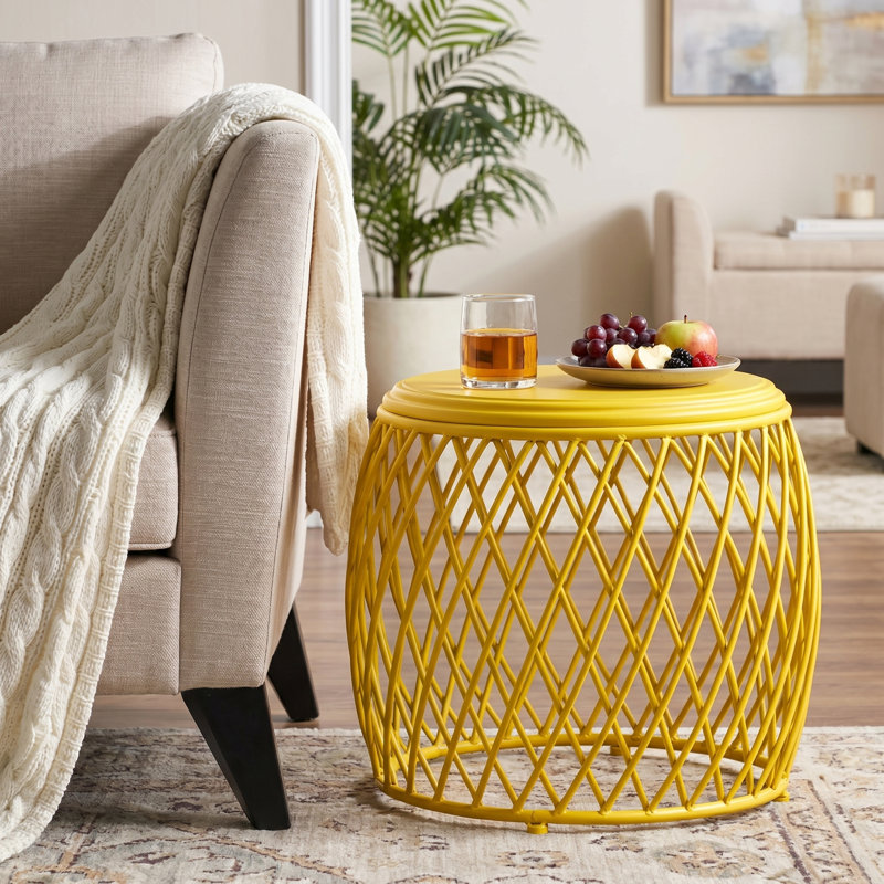 Milano Modern Coastal Iron Side Table with Open Lattice Base for Patio, Porch & Garden, Yellow