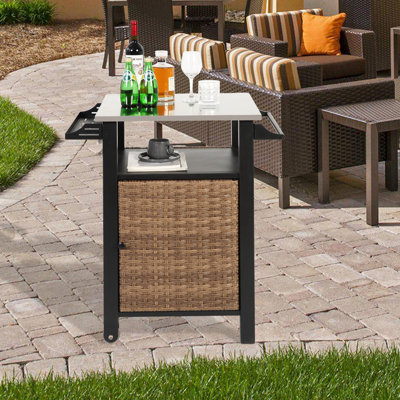 Single Door Bar Cart & Patio Kitchen Wicker Island Rolling Cart With Storage Cabinet, Stainless Steel Extended Table Top & Side Handle