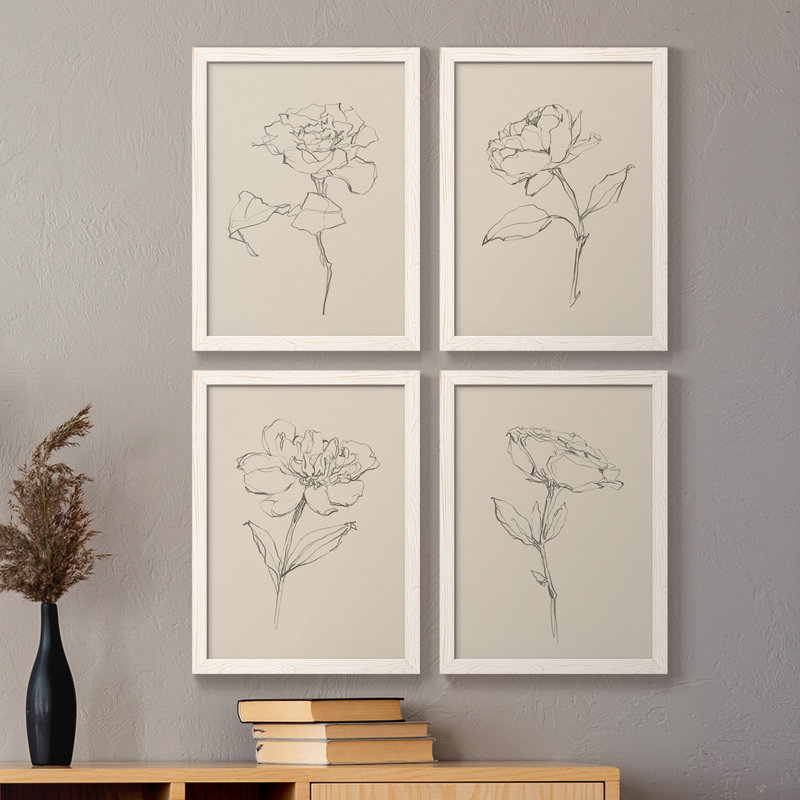 Floral Contour Study I - Ensemble de 4 reproductions d'art sur toile encadrées, Blanc, H 24 po x l 72 po x P 1,5 po