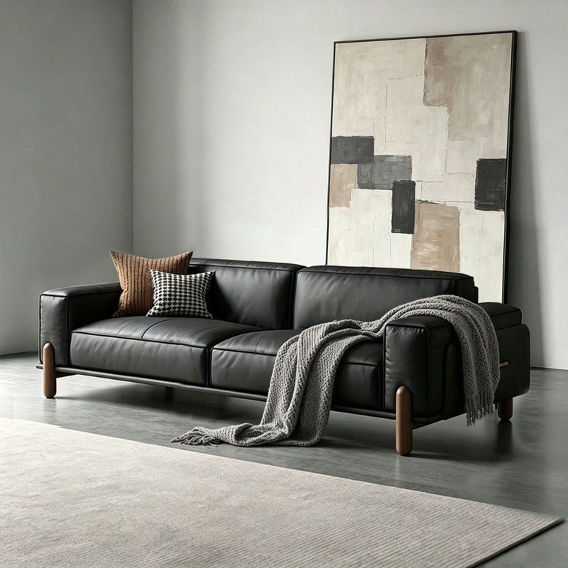 Canapé modulaire noir en cuir véritable, L 86,54 po, Cuir de grain supérieur noir