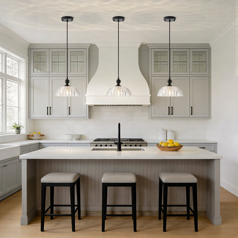 1-light Ribbed Clear Textured Glass Dome Pendant Light, Matte Black
